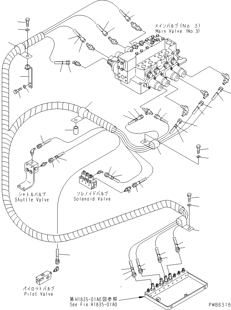 Схема запчастей Komatsu PC1100LC-6 - PPC ЛИНИИ СОЕД-Е (ШЛАНГИ) (ПОВОРОТН. КЛАПАН) ГИДРАВЛИКА