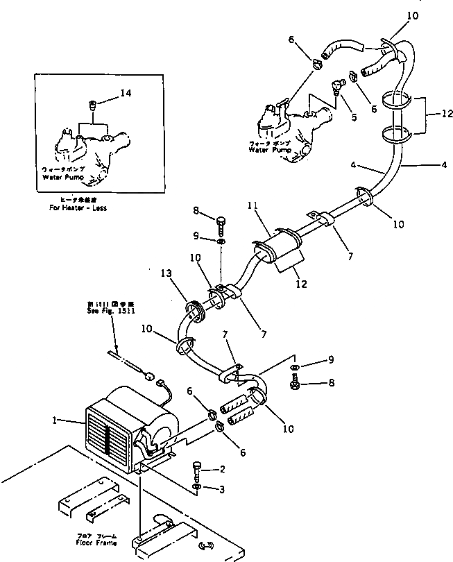 Схема запчастей Komatsu PC120-5C - ОБОГРЕВАТЕЛЬ. И ТРУБЫ ЧАСТИ КОРПУСА