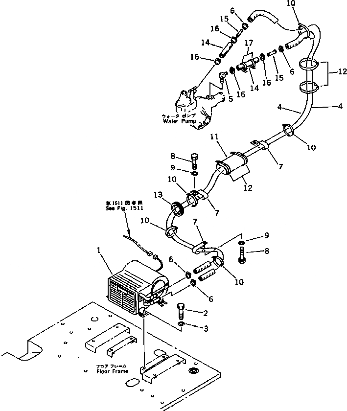 Схема запчастей Komatsu PC120-5X - ОБОГРЕВАТЕЛЬ. И ТРУБЫ ЧАСТИ КОРПУСА