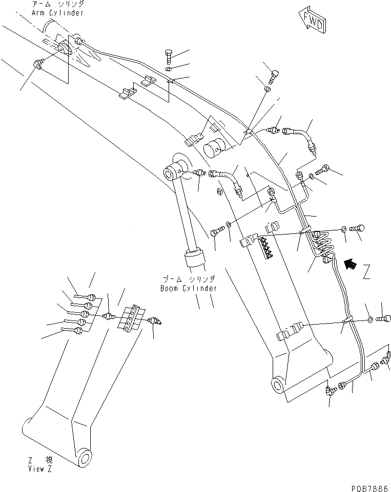 Схема запчастей Komatsu PC120-6Z - СТРЕЛА (.7M) (СМАЗЫВАЮЩ. ЛИНИЯ) (ДЛЯ ПОВОРОТН. РУКОЯТЬ)(№977-) РАБОЧЕЕ ОБОРУДОВАНИЕ
