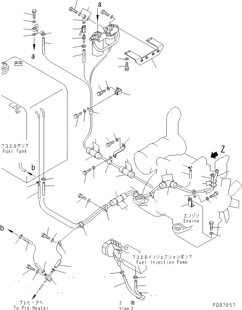 Схема запчастей Komatsu PC120-6Z - ТОПЛИВН. ЛИНИЯ (ТРУБЫ) (С ДОПОЛН. ТОПЛИВН. ФИЛЬТР. И ВОДООТДЕЛИТЕЛЬ) (ХОЛОДН. WEATEHR A СПЕЦ-Я.)(№7-) ТОПЛИВН. БАК. AND КОМПОНЕНТЫ