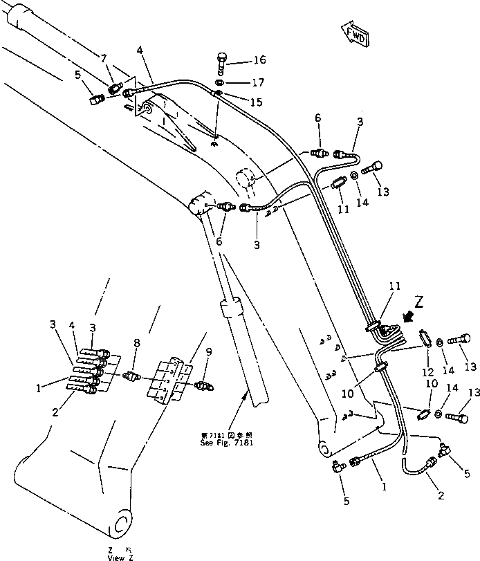 Схема запчастей Komatsu PC130-5 - ЛИНИЯ СМАЗКИ РАБОЧ. ОБОРУД-Я РАБОЧЕЕ ОБОРУДОВАНИЕ