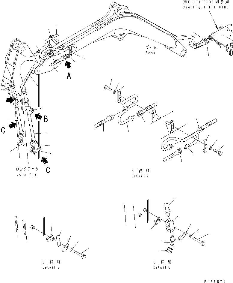 Схема запчастей Komatsu PC15MRX-1 - ГИДРОЛИНИЯ (ГИДРОМОЛОТ РУКОЯТЬ ЛИНИЯ) (ДЛЯ УДЛИНН. РУКОЯТИ) РАБОЧЕЕ ОБОРУДОВАНИЕ