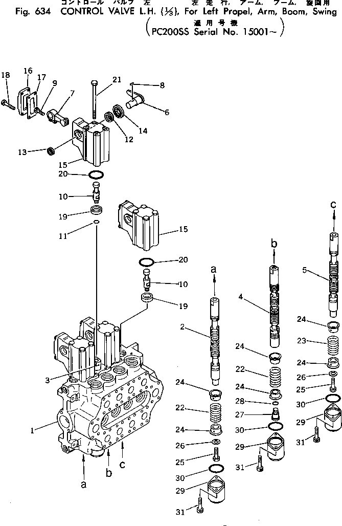 Схема запчастей Komatsu PC200-2 - УПРАВЛЯЮЩ. КЛАПАН ЛЕВ.(/)(ДЛЯ L.ХОД¤РУКОЯТЬ¤СТРЕЛА¤ПОВОРОТН.)(PCSS УПРАВЛ-Е РАБОЧИМ ОБОРУДОВАНИЕМ