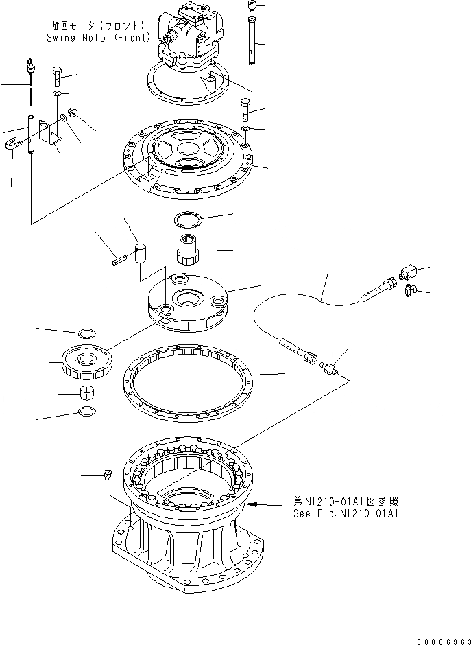 Схема запчастей Komatsu PC2000-8 - МЕХАНИЗМ ПОВОРОТА (ПЕРЕДН.) (1 НЕСУЩИЙ ЭЛЕМЕНТ¤ ДРЕНАЖН. И GAUGE) (СПЕЦ-Я -40С)(№-) ПОВОРОТН. КРУГ И КОМПОНЕНТЫ