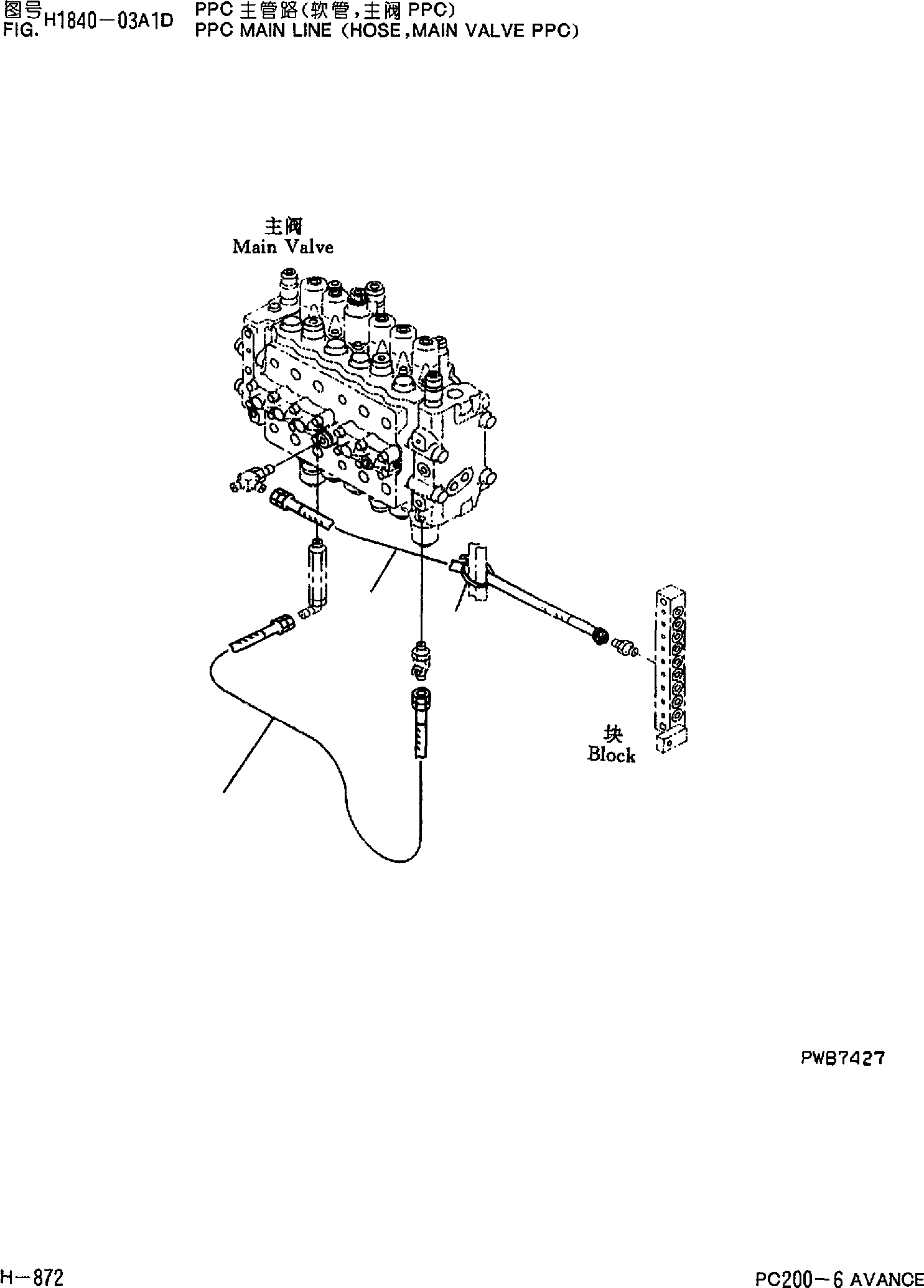 Схема запчастей Komatsu PC200-6 - ОСНОВН. ЛИНИЯ PPC(ШЛАНГИ,ОСНОВН. КЛАПАН PPC) H [ГИДРАВЛИКА]