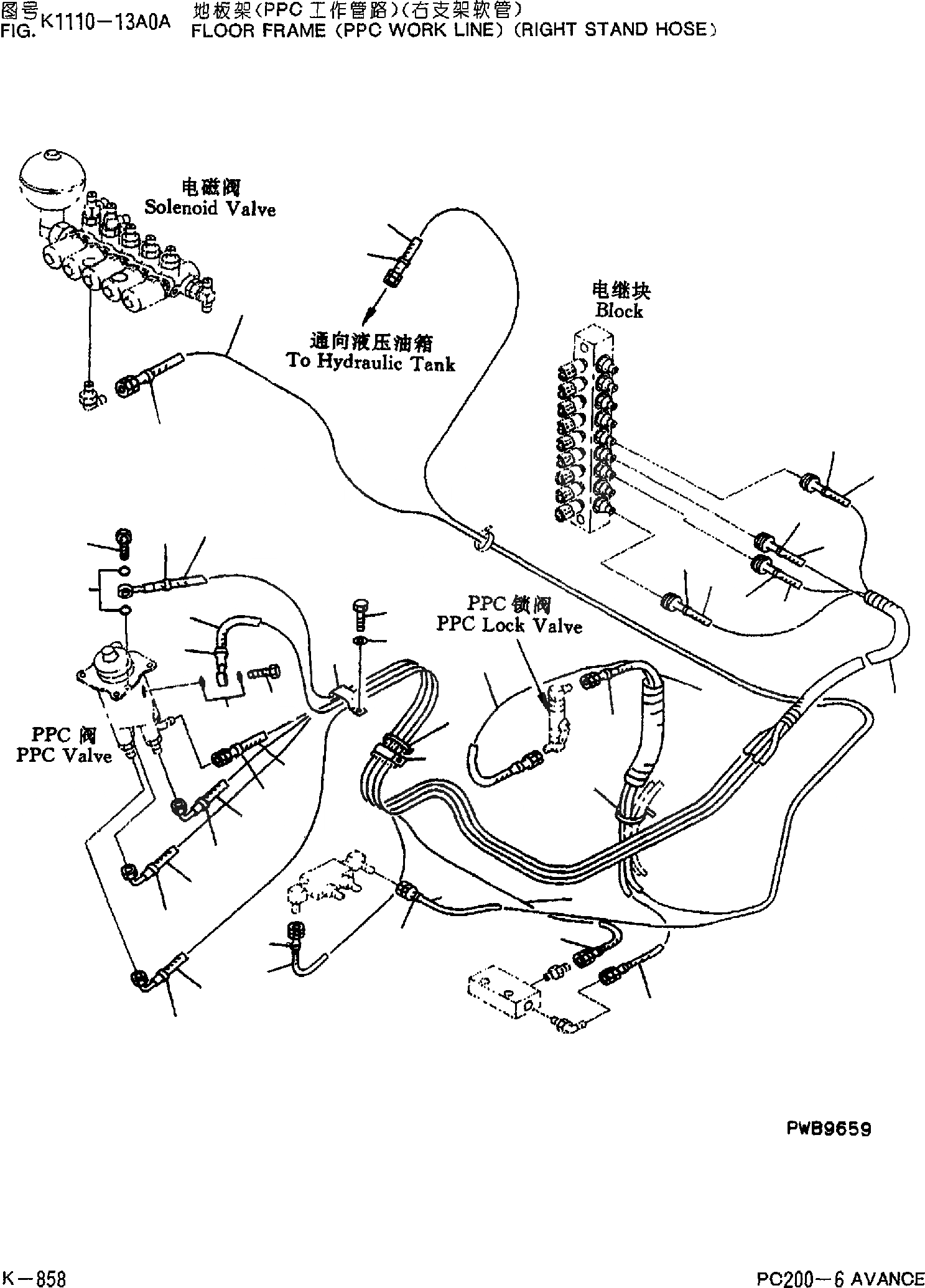 Схема запчастей Komatsu PC200-6 - ОСНОВН. КОНСТРУКЦИЯ (РАБОЧАЯ ЛИНИЯ PPCS)(ПАТРУБКИ ПРАВОЙ СТОЙКИ) K [КАБИНА ОПЕРАТОРА И СИСТЕМА УПРАВЛЕНИЯ]