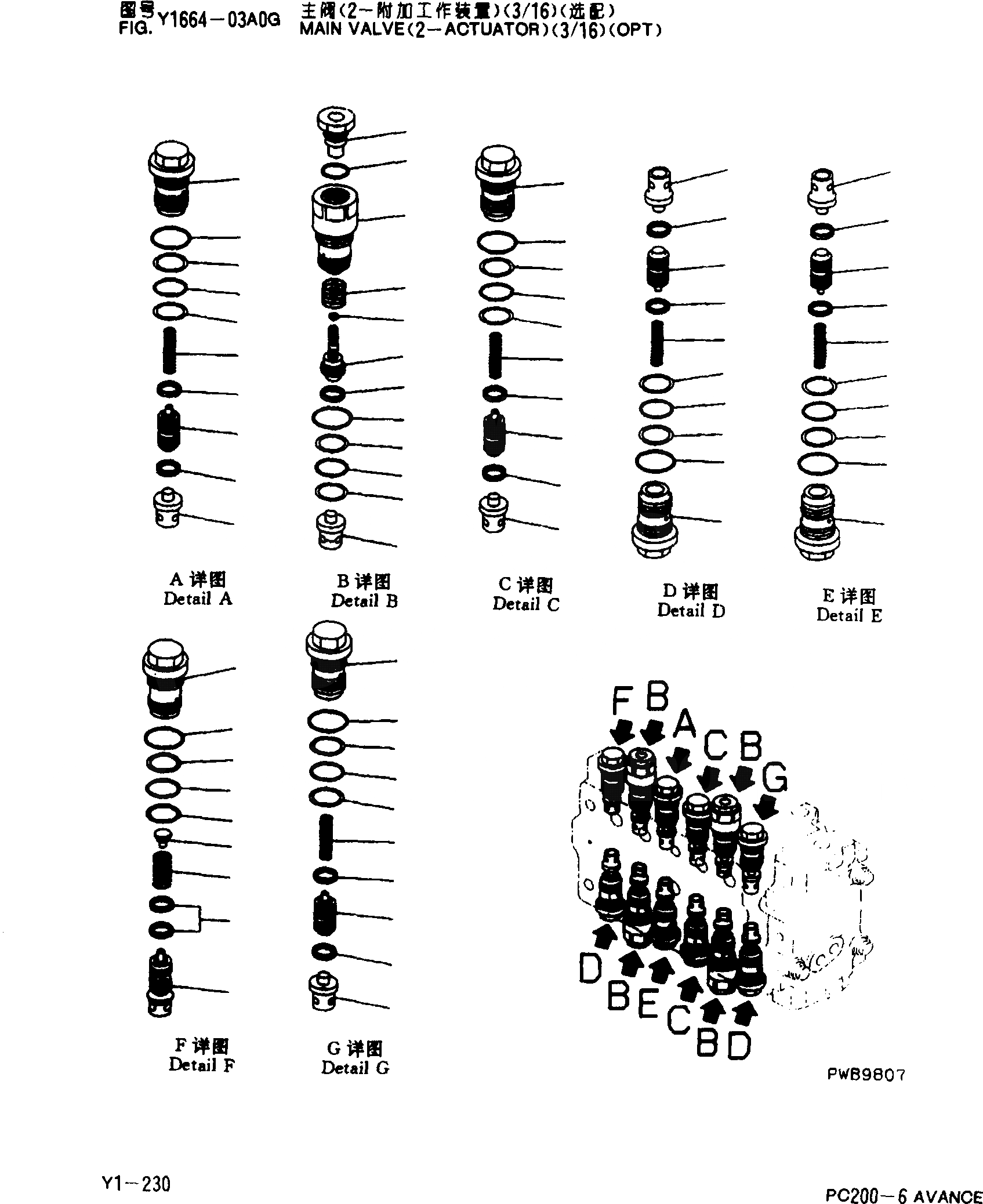 Схема запчастей Komatsu PC200-6 - ОСНОВН. КЛАПАН(-ACYUAYOR)(/)(ОПЦИОНН.) Y [SERVICE KOT]