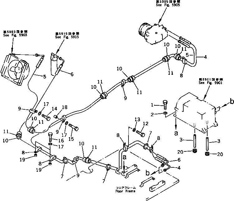 Схема запчастей Komatsu PC200LC-5 - ТРУБКИ КОНДИЦИОНЕРА (ОХЛАЖД-Е) ЧАСТИ КОРПУСА