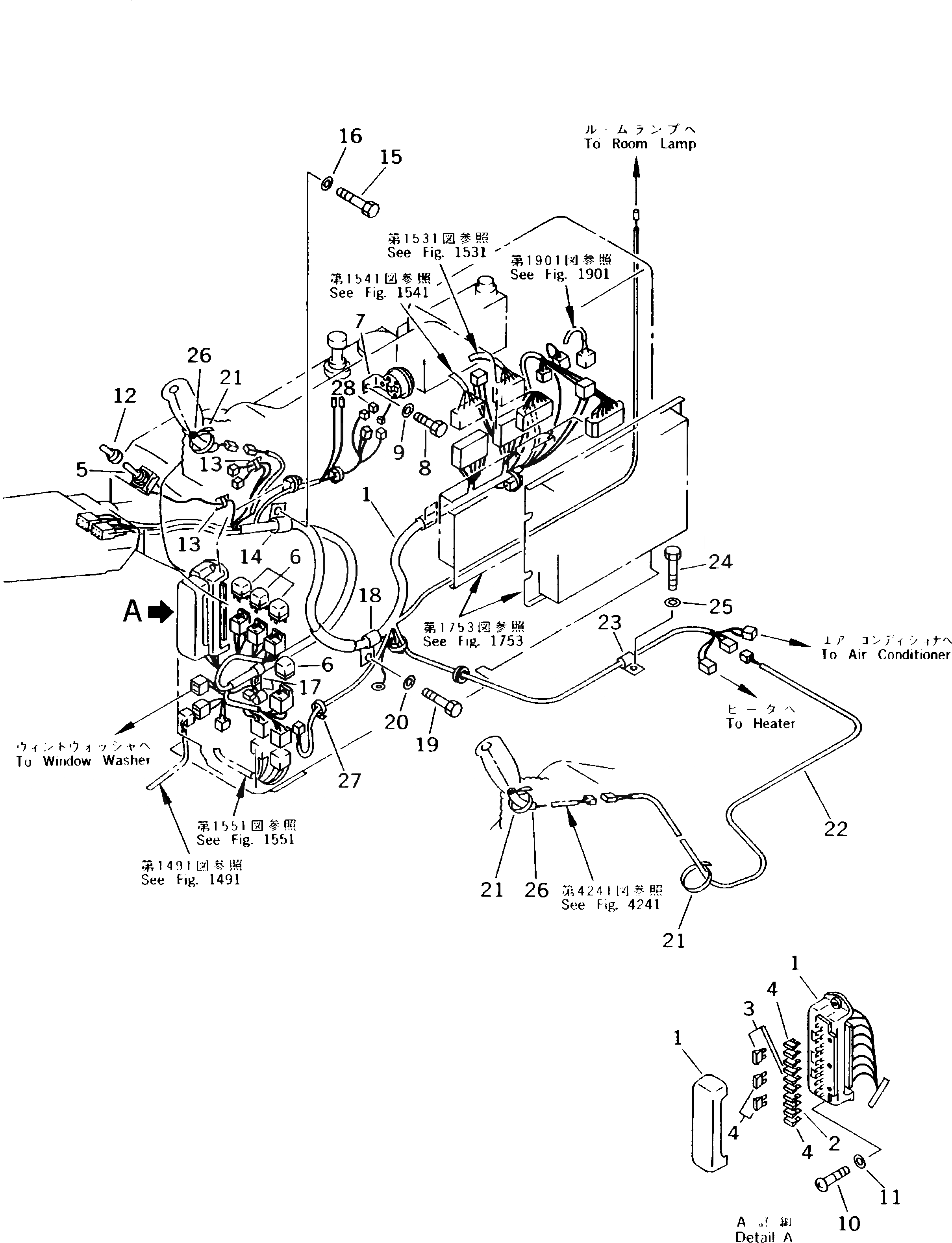 Схема запчастей Komatsu PC210-5K - ЭЛЕКТРОПРОВОДКА В КАБИНЕ (ДЛЯ ПАНЕЛЬ СТОЙКА) (/)(№K-K9) КОМПОНЕНТЫ ДВИГАТЕЛЯ И ЭЛЕКТРИКА