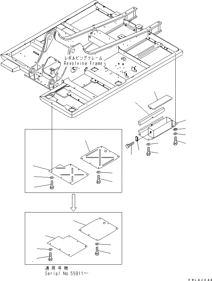 Схема запчастей Komatsu PC220-6 - НИЖН. КРЫШКА (ОСНОВНАЯ РАМА) (ЛЕВ. КРЫШКАAND ЯЩИК Д/ИНСТРУМЕНТА)(№77-) ЧАСТИ КОРПУСА
