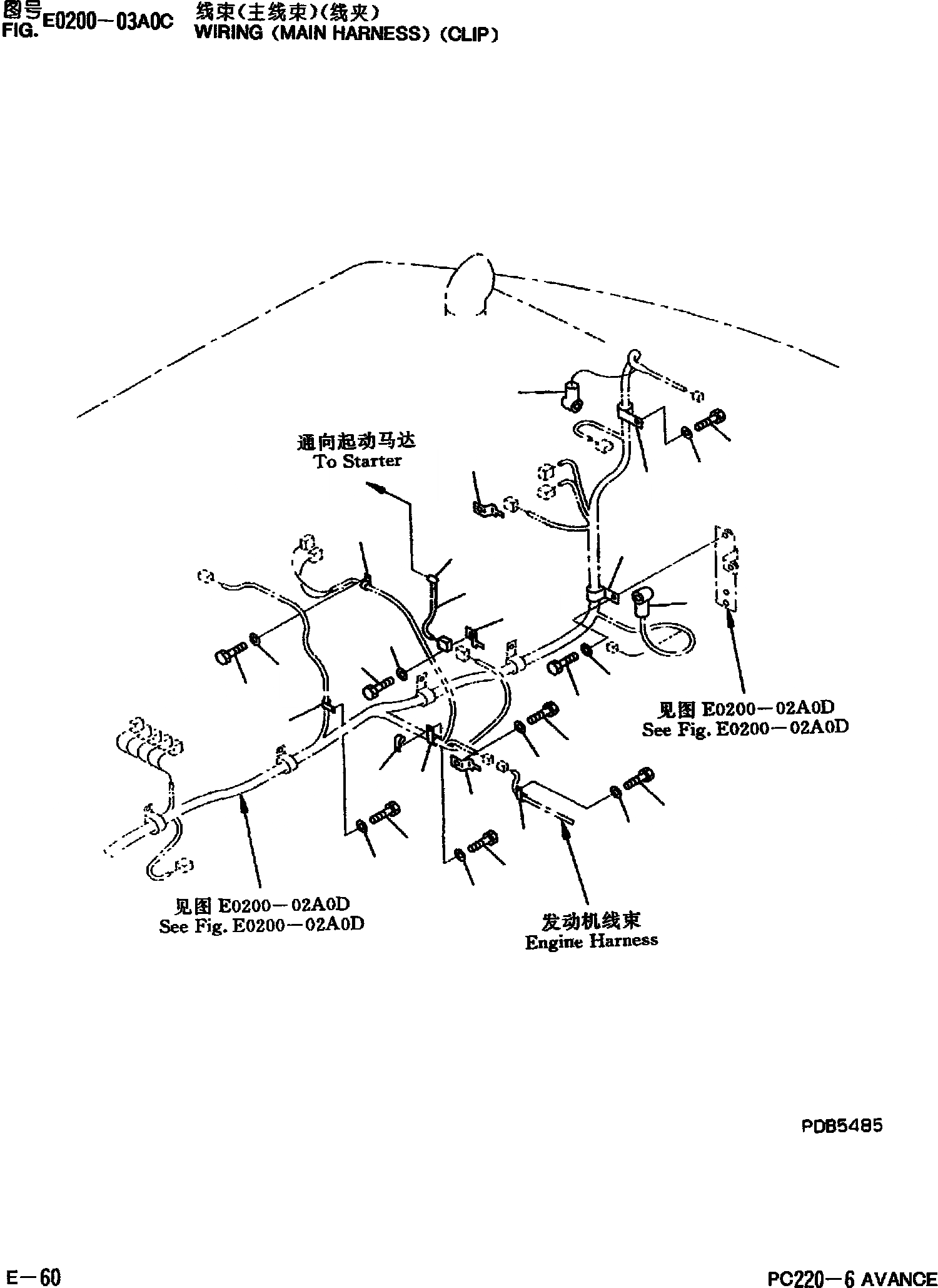 Схема запчастей Komatsu PC220-6 - ЭЛЕКТРОПРОВОДКА(ОСНОВН. Э/ПРОВОДКА)(КРЕПЛЕНИЕ) E [ЭЛЕКТР. SYSYTEM]
