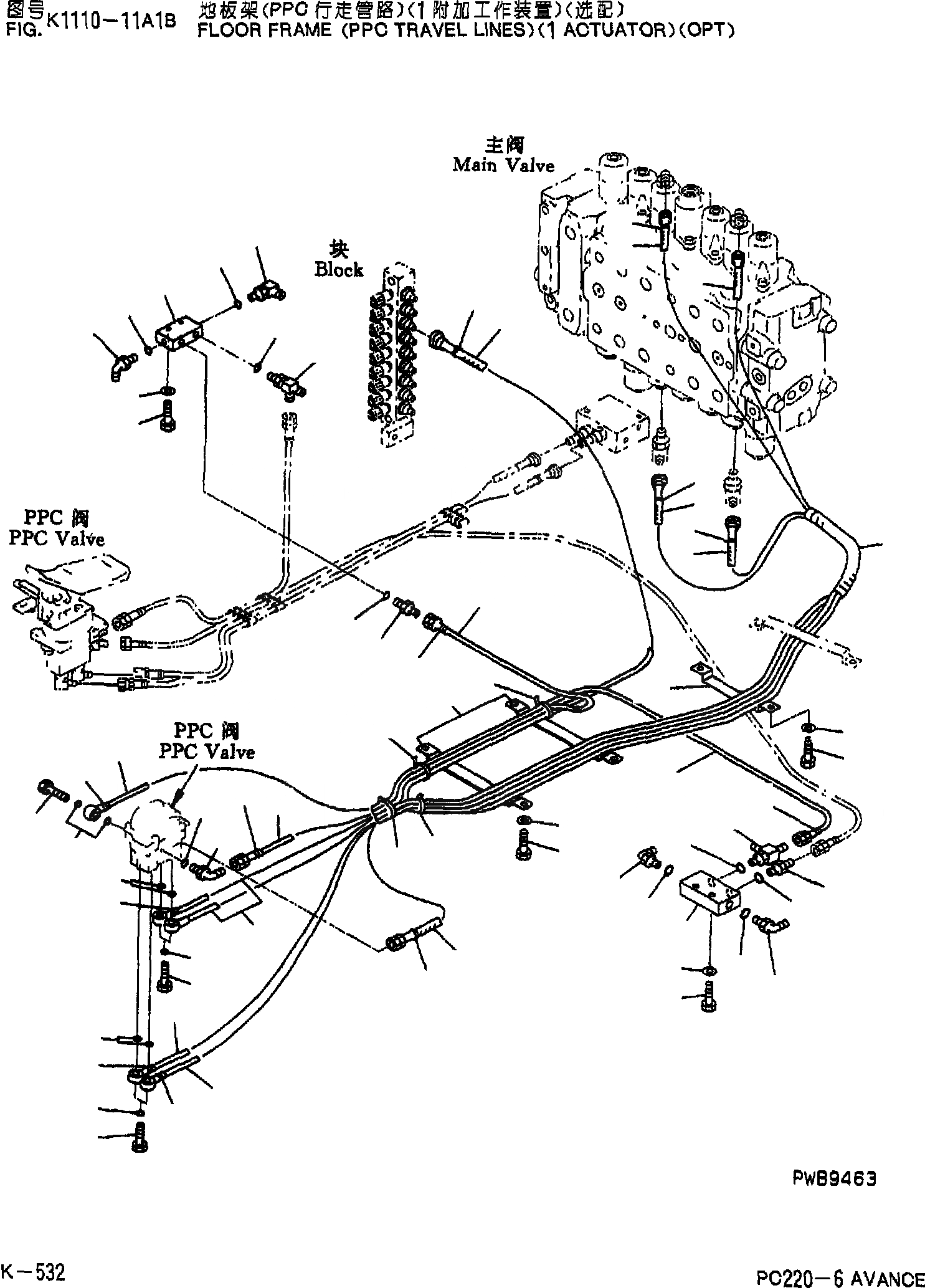 Схема запчастей Komatsu PC220-6 - ОСНОВН. КОНСТРУКЦИЯ (PPC ЛИНИЯ ХОДА)( CATUATOR)(ОПЦИОНН.) K [КАБИНА ОПЕРАТОРА И СИСТЕМА УПРАВЛЕНИЯ]