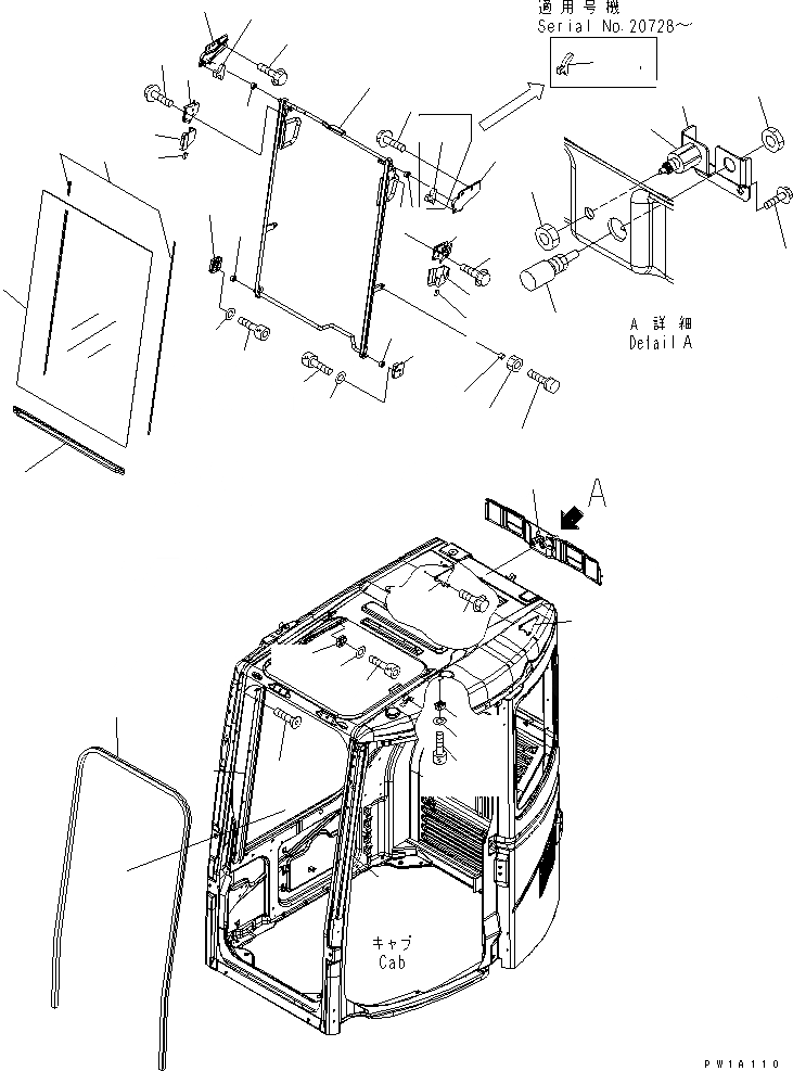 Схема запчастей Komatsu PC228US-3-AP - КАБИНА (ПЕРЕДН. ОКНА)(№-) КАБИНА ОПЕРАТОРА И СИСТЕМА УПРАВЛЕНИЯ