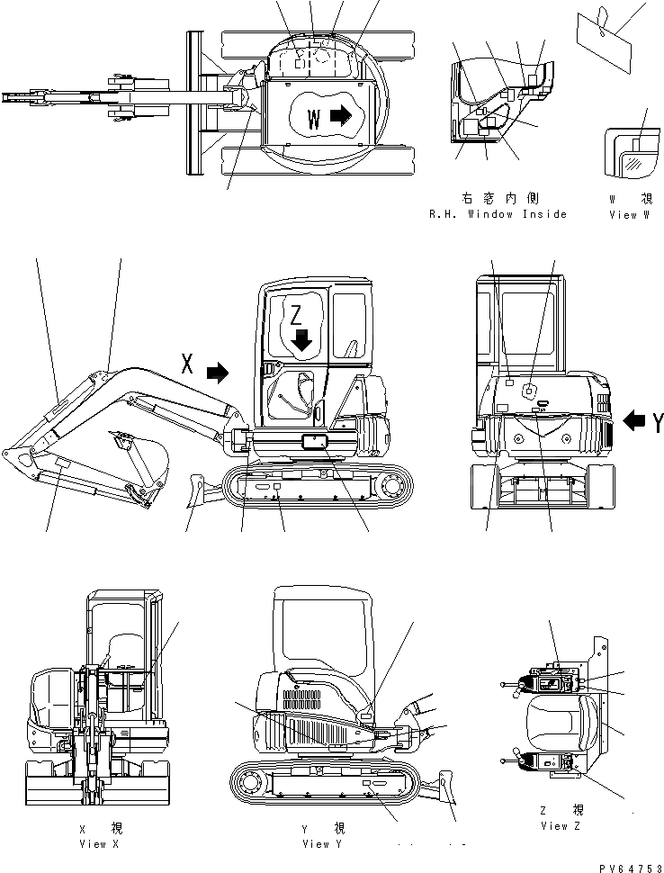 Схема запчастей Komatsu PC27MR-1 - МАРКИРОВКА (ДЛЯ КАБИНЫ) (ЯПОН.) МАРКИРОВКА