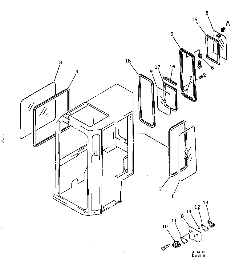 Схема запчастей Komatsu PC28UU-1 - КАБИНА (/) ( И ЗАДН. ОКНА) ЧАСТИ КОРПУСА