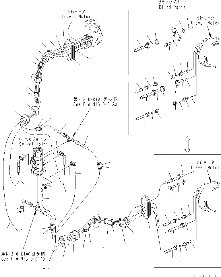 Схема запчастей Komatsu PC300-7 - ХОД ТРУБЫ(№7-) НИЖНЯЯ ГИДРОЛИНИЯ И ЛИНИЯ ХОДА