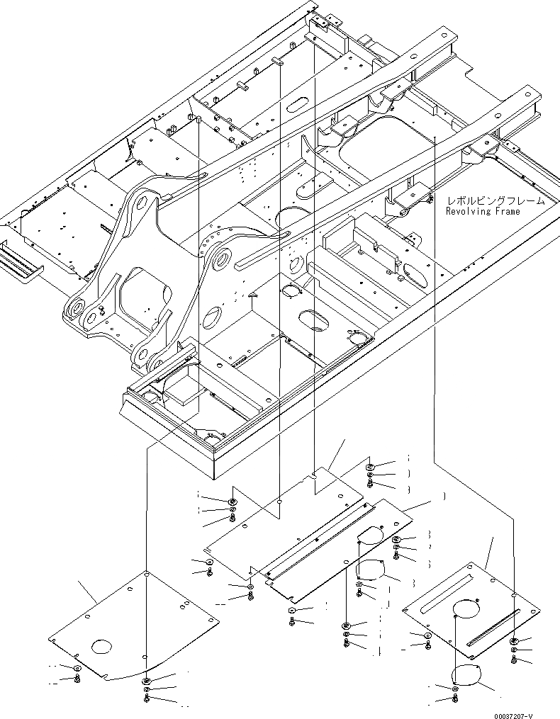Схема запчастей Komatsu PC300-7E0 - НИЖН. КРЫШКА (ОСНОВНАЯ РАМА) (ПРАВ. ДЕКА И ЦЕНТР. COVER) (УСИЛ.)(№-87) ЧАСТИ КОРПУСА
