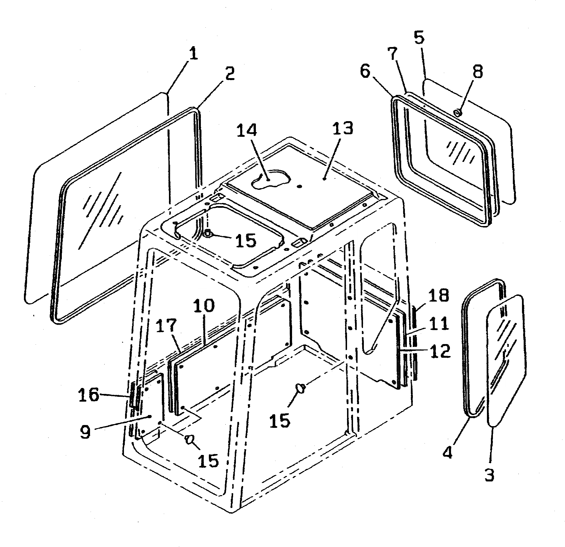 Схема запчастей Komatsu PC300NLC-5K - КАБИНА (/) (БОКОВОЕ И ЗАДНЕЕ СТЕКЛА) (SCANDINAVIAN СПЕЦ-Я.) ЧАСТИ КОРПУСА