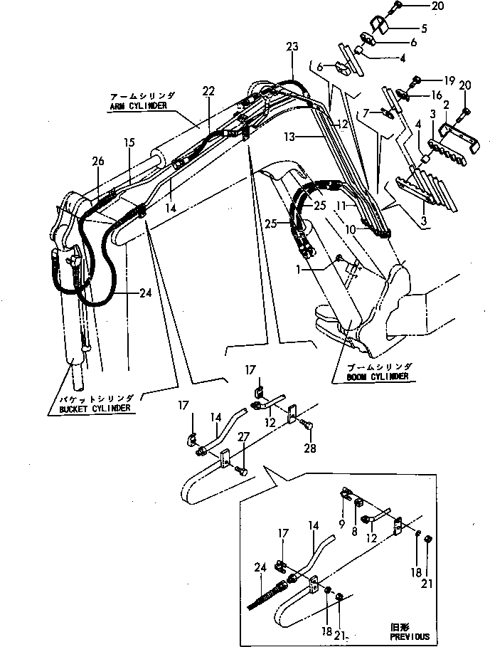 Схема запчастей Komatsu PC30FR-1 - ГИДРОЛИНИЯ (СТРЕЛА¤РУКОЯТЬ И ЦИЛИНДР КОВША) УПРАВЛ-Е РАБОЧИМ ОБОРУДОВАНИЕМ