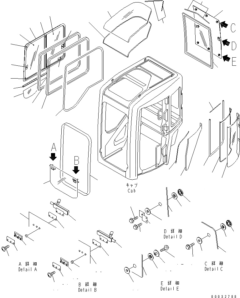 Схема запчастей Komatsu PC30MRX-1 - КАБИНА (/) (ОКНА) КАБИНА ОПЕРАТОРА И СИСТЕМА УПРАВЛЕНИЯ
