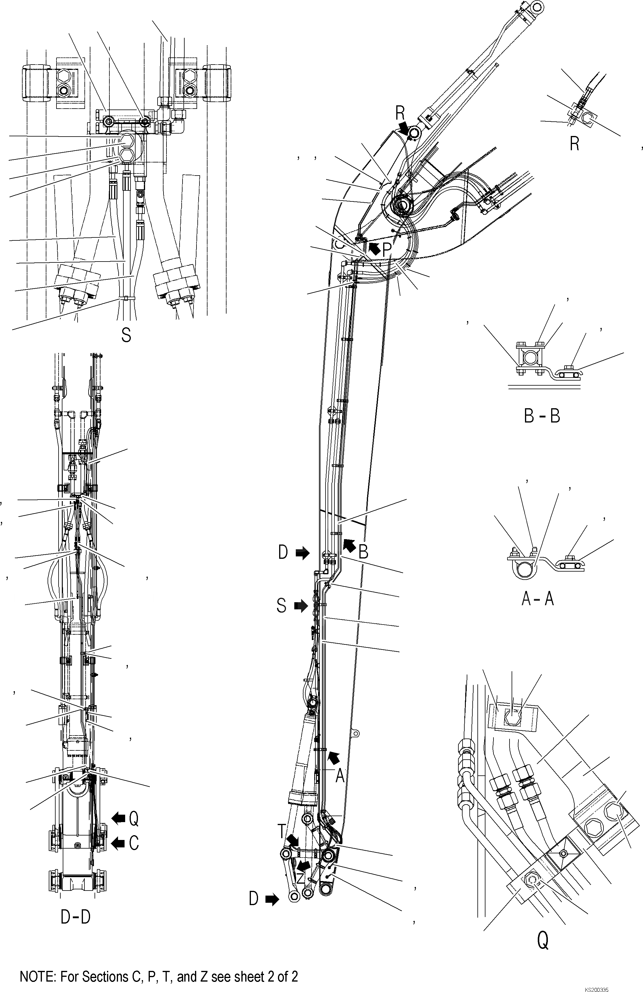 Схема запчастей Komatsu PC350LC-8 SUPER LONG FRONT - РУКОЯТЬ АВТОМАТИЧ. LUBE U (ЩИТКИ F ) 