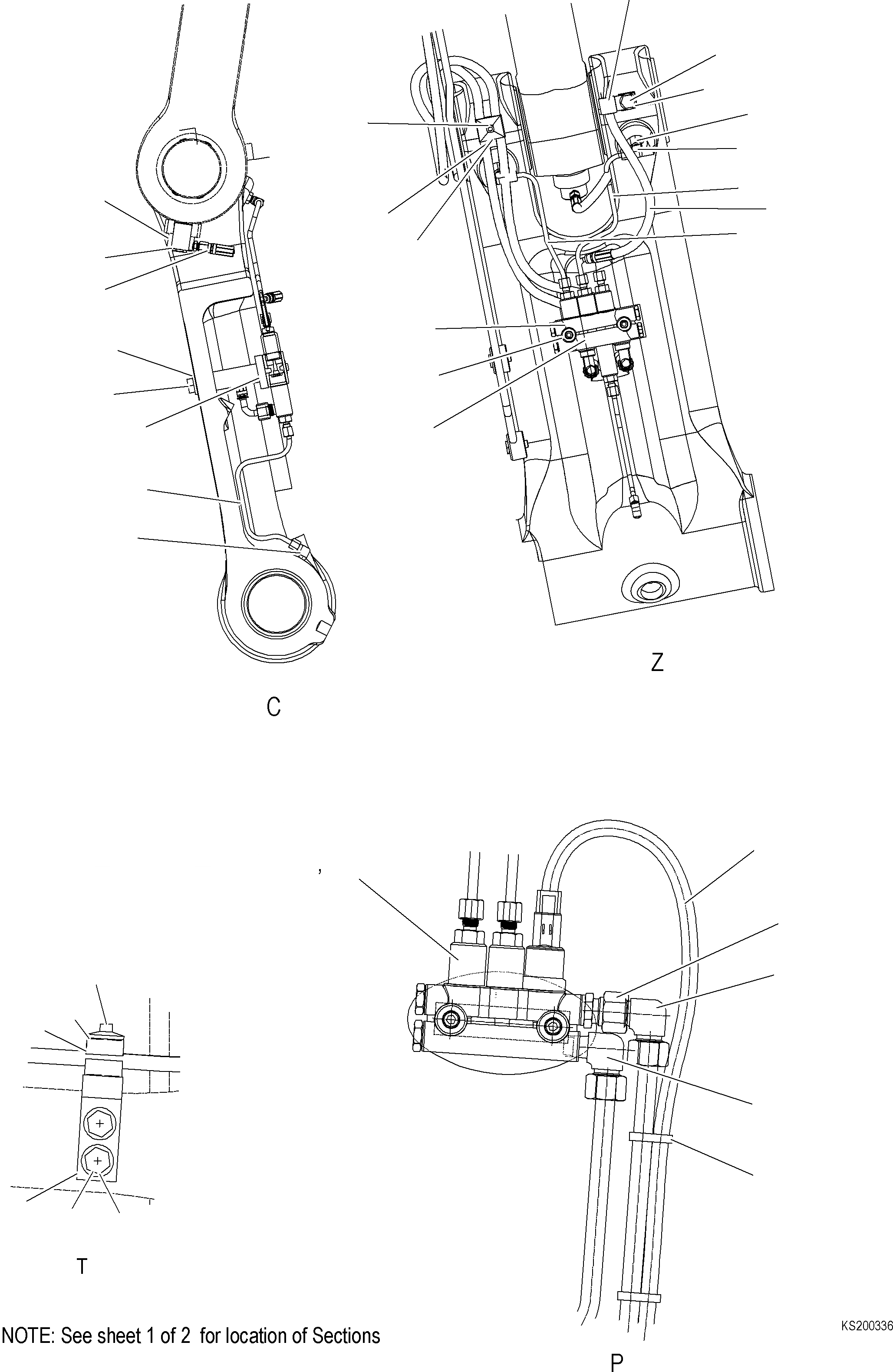 Схема запчастей Komatsu PC350LC-8 SUPER LONG FRONT - РУКОЯТЬ АВТОМАТИЧ. LUBE U (ЩИТКИ OF ) 