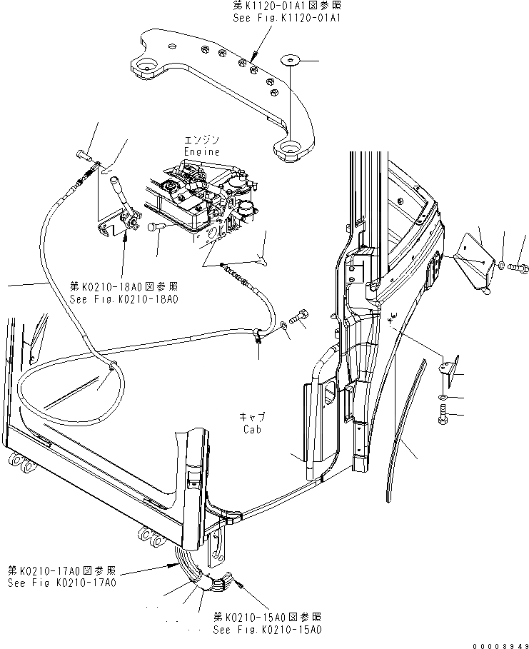 Схема запчастей Komatsu PC35MR-2-B - КРЕПЛЕНИЕ ОСН. КОНСТРУКЦИИ (УПРАВЛ-Е ПОДАЧ. ТОПЛИВА КАБЕЛЬ) (КАБИНА) КАБИНА ОПЕРАТОРА И СИСТЕМА УПРАВЛЕНИЯ