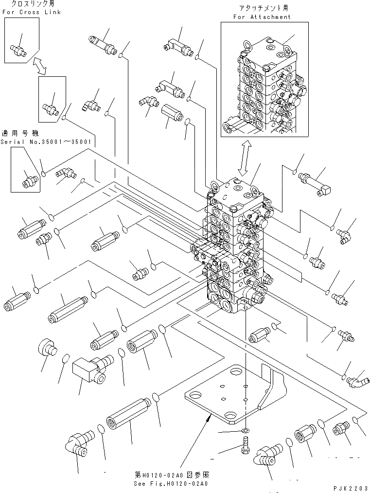 Схема запчастей Komatsu PC35R-8 - ОСНОВН. КЛАПАН (ПАТРУБОК) ГИДРАВЛИКА