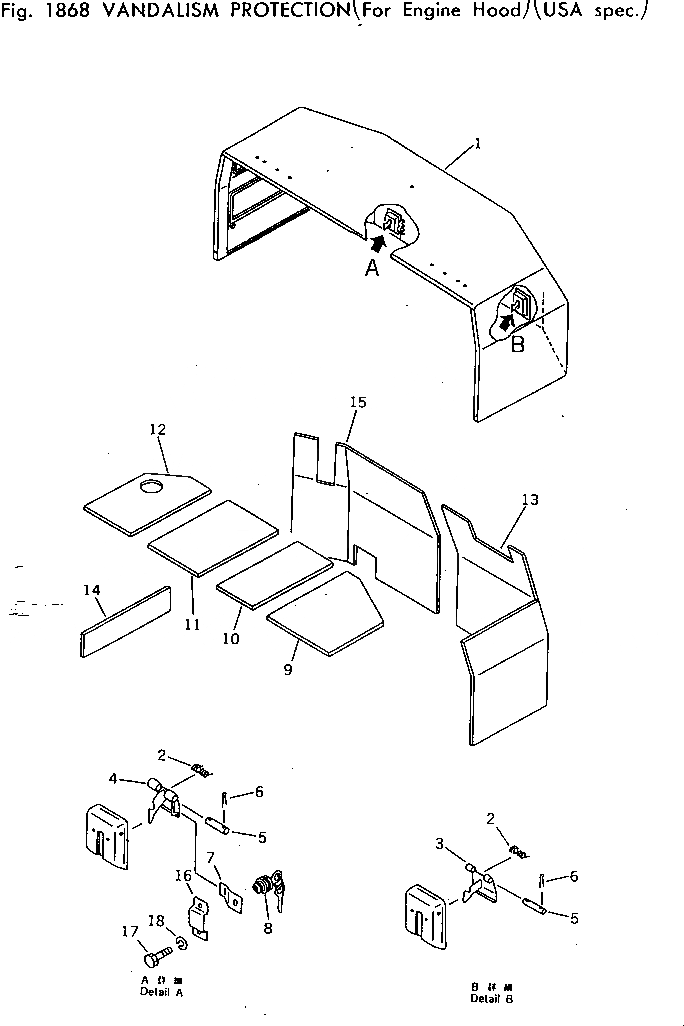 Схема запчастей Komatsu PC40-3 - ЗАЩИТА ОТ ВАНДАЛИЗМА ДЛЯ КАПОТА (США СПЕЦ-Я.) ОПЦИОННЫЕ КОМПОНЕНТЫ