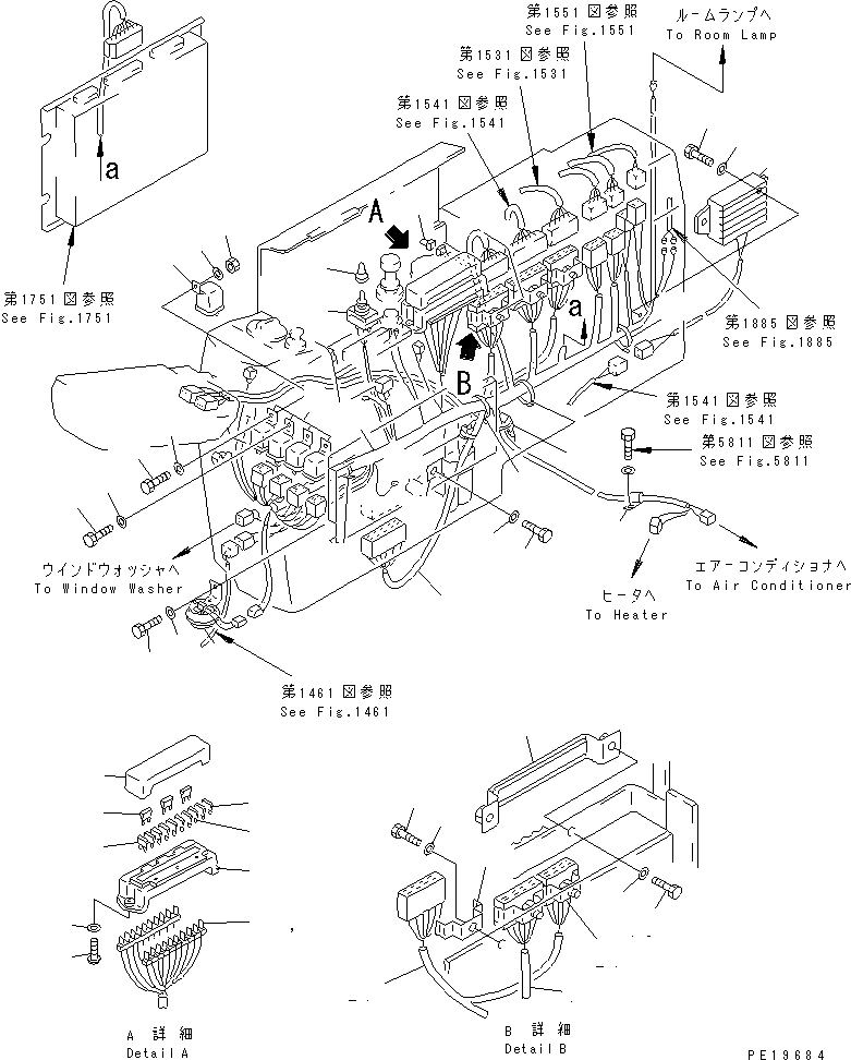 Схема запчастей Komatsu PC400-5 - ЭЛЕКТРОПРОВОДКА В КАБИНЕ (ДЛЯ ПАНЕЛЬ СТОЙКА) (ДЛЯ УДЛИНН. РЫЧАГ УПРАВЛ-Е)     (ДЛЯ ДОПОЛН. РАБОЧ. ОСВЕЩЕНИЕ ON КАБИНА)(№-) КОМПОНЕНТЫ ДВИГАТЕЛЯ И ЭЛЕКТРИКА