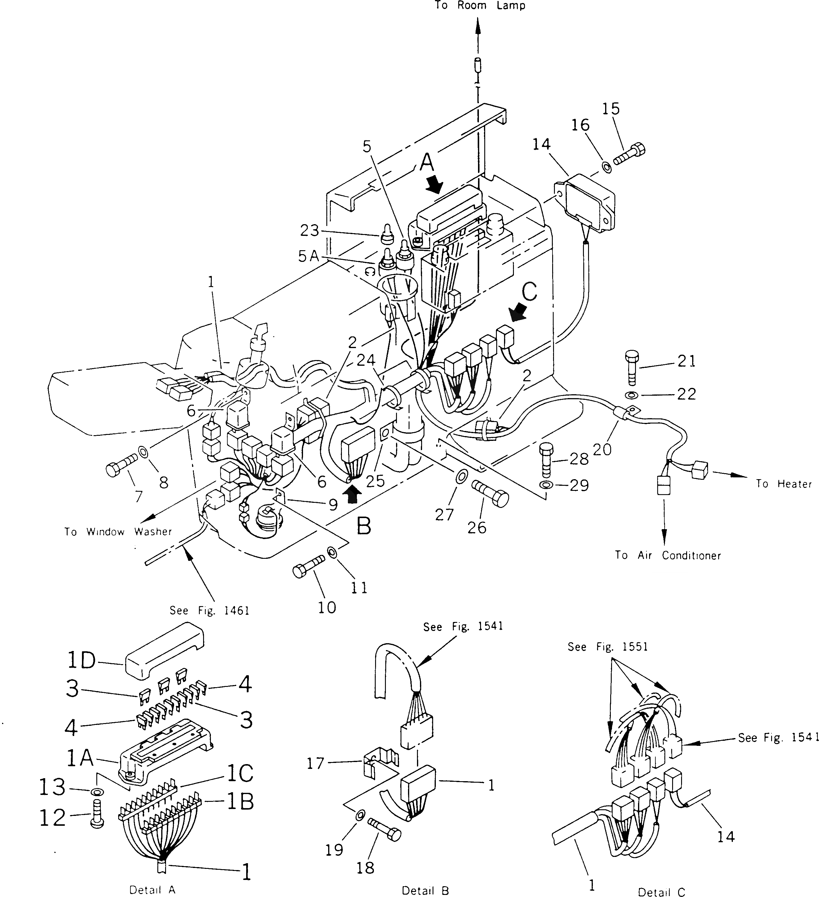 Схема запчастей Komatsu PC400-5D - ЭЛЕКТРОПРОВОДКА В КАБИНЕ (ДЛЯ ПАНЕЛЬ СТОЙКА) (ДЛЯ УДЛИНН. РЫЧАГ УПРАВЛ-Е) КОМПОНЕНТЫ ДВИГАТЕЛЯ И ЭЛЕКТРИКА