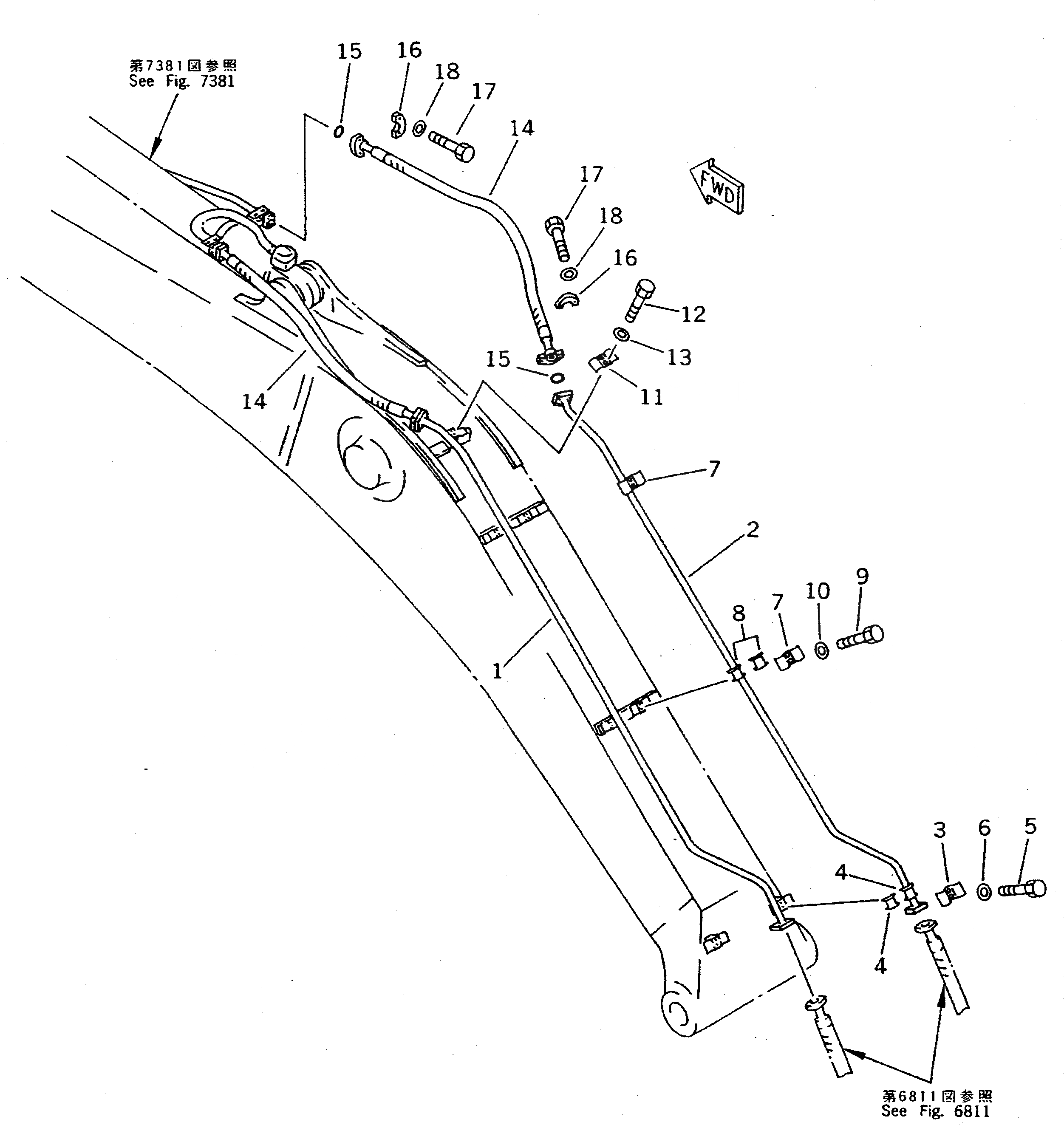 Схема запчастей Komatsu PC400-5D - ЦИЛИНДР РУКОЯТИТРУБЫ (НАВЕСН. ОБОРУД) РАБОЧЕЕ ОБОРУДОВАНИЕ (ЭКСКАВАТ.)
