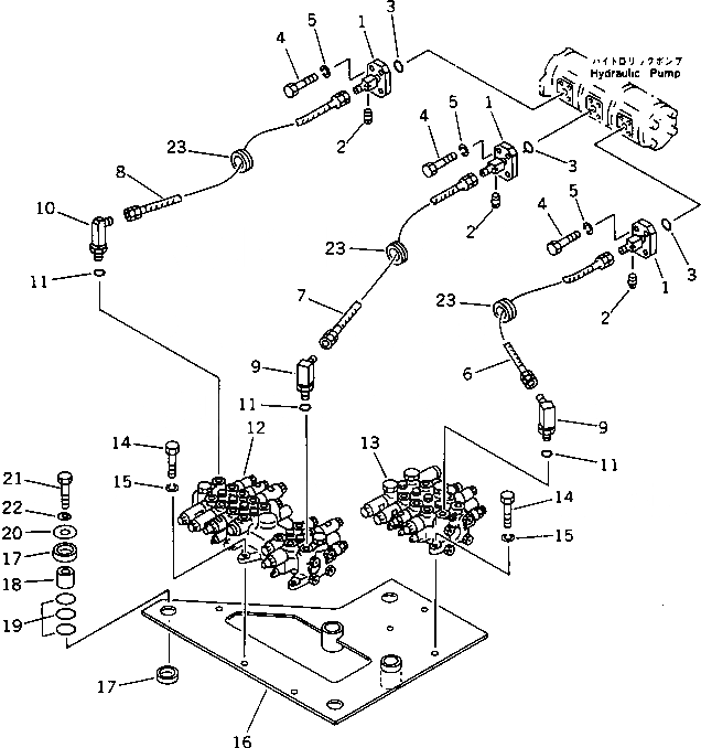Схема запчастей Komatsu PC50UU-1 - ГИДРОЛИНИЯ (ИЗ НАСОСА В КЛАПАН) (ДЛЯ НАКЛОНЯЕМ. МЕХАНИЧ. ПОВОРОТНЫЙ ОТВАЛ)(№-) УПРАВЛ-Е РАБОЧИМ ОБОРУДОВАНИЕМ