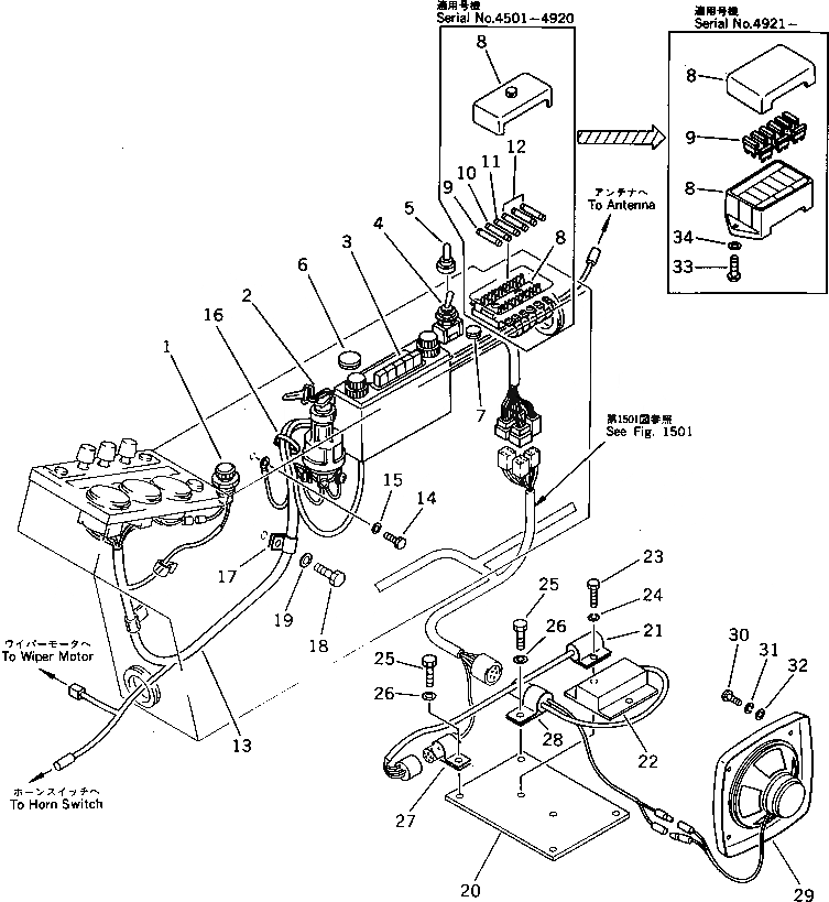 Схема запчастей Komatsu PC60-5 - ПАНЕЛЬ ПРИБОРОВ (/) КОМПОНЕНТЫ ДВИГАТЕЛЯ И ЭЛЕКТРИКА