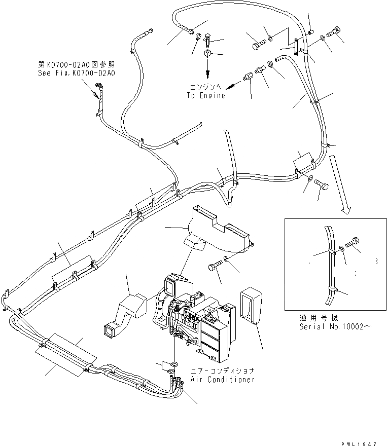 Схема запчастей Komatsu PC600LC-6KJ - КОНДИЦ. ВОЗДУХА (ШЛАНГИ ОБОГРЕВАТЕЛЯ И DCUT)(№-999) КАБИНА ОПЕРАТОРА И СИСТЕМА УПРАВЛЕНИЯ