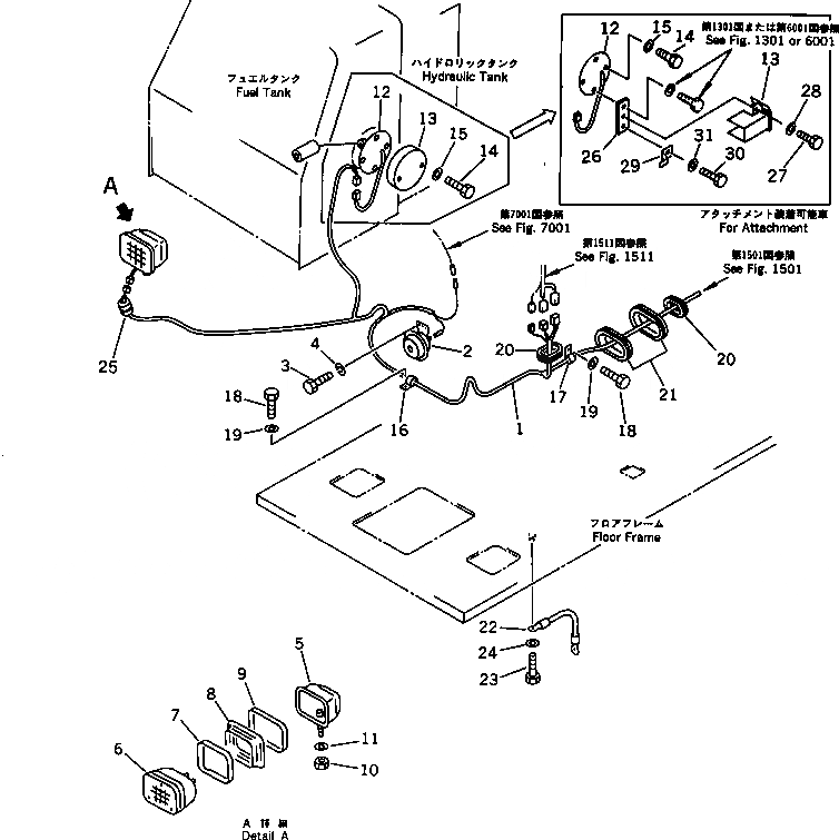Схема запчастей Komatsu PC60L-6 - ЭЛЕКТРИКА (РАБОЧ. ОСВЕЩЕНИЕ И ЗВУК. СИГНАЛ. ЛИНИЯ) (ДЛЯ УДЛИНН. РЫЧАГ   УПРАВЛ-Е) КОМПОНЕНТЫ ДВИГАТЕЛЯ И ЭЛЕКТРИКА
