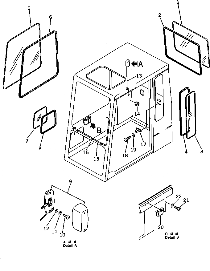 Схема запчастей Komatsu PC60U-5 - КАБИНА (/) ОСНОВНАЯ РАМА¤ ЧАСТИ КОРПУСА И КАБИНА