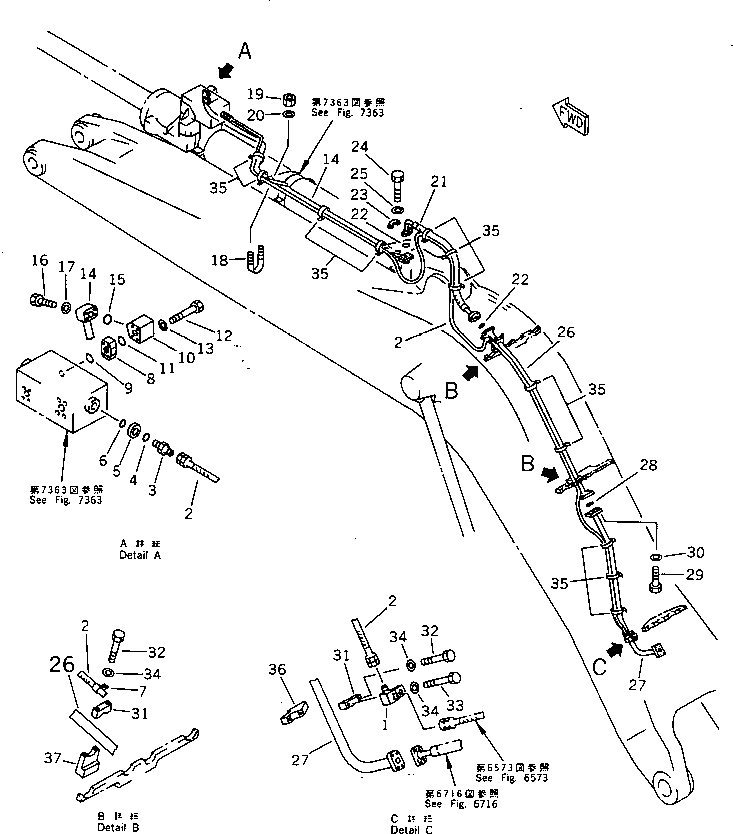Схема запчастей Komatsu PC650SE-3 - ЦИЛИНДР РУКОЯТИТРУБЫ (ДЛЯ ЦИЛИНДР СТОПОРН. КЛАПАН)(/)(REXROTH) РАБОЧЕЕ ОБОРУДОВАНИЕ (ЭКСКАВАТ.)