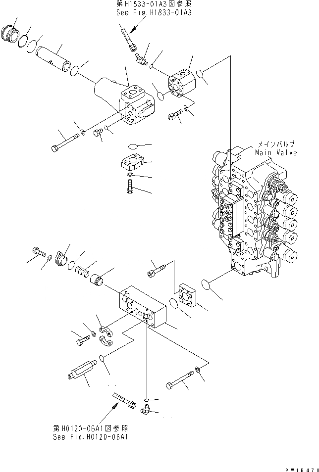Схема запчастей Komatsu PC750SE-6K-01 - ОСНОВН. КЛАПАН (5-СЕКЦИОНН. КЛАПАН) (КЛАПАН КОНТРОЛЯ ПОДЪЕМА И ПРОХОДНОЙ ФИЛЬТР)(№K-) ГИДРАВЛИКА