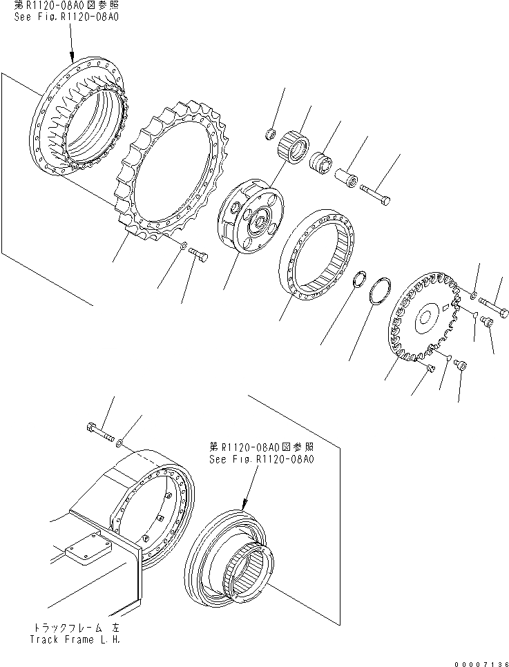 Схема запчастей Komatsu PC750SE-7 - ГУСЕНИЧНАЯ РАМА (КОНЕЧНАЯ ПЕРЕДАЧА) (3 НЕСУЩИЙ ЭЛЕМЕНТ И ЗВЕЗДОЧКА) (ЛЕВ.) ХОДОВАЯ