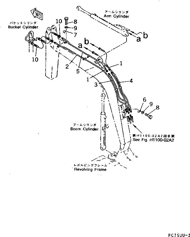 Схема запчастей Komatsu PC75UD-2 - СТРЕЛА (ГИДРАВЛ ЛИНИЯ) (MONO СТРЕЛА)(№77-) РАБОЧЕЕ ОБОРУДОВАНИЕ