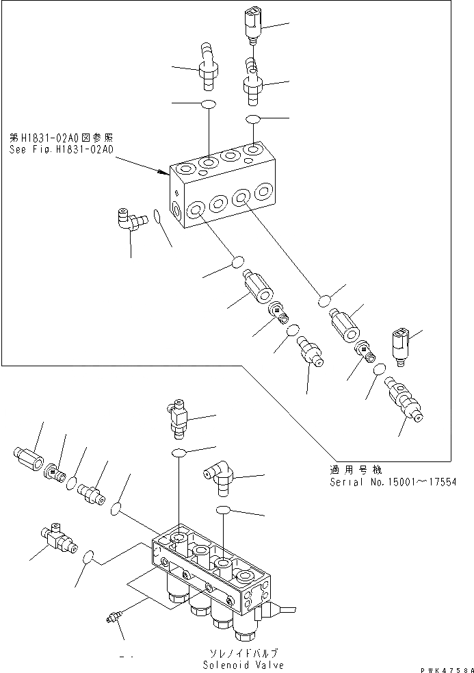 Схема запчастей Komatsu PC75UD-3 - СОЛЕНОИДНЫЙ КЛАПАН (ПАТРУБОК) (MONO СТРЕЛА) ГИДРАВЛИКА