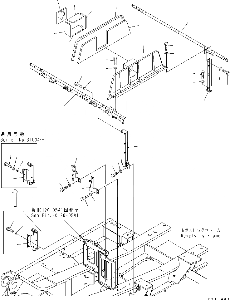 Схема запчастей Komatsu PC800SE-6 - РАМА (ОТСЕК ДВИГАТЕЛЯ) (КАБИНА)(№-) ЧАСТИ КОРПУСА