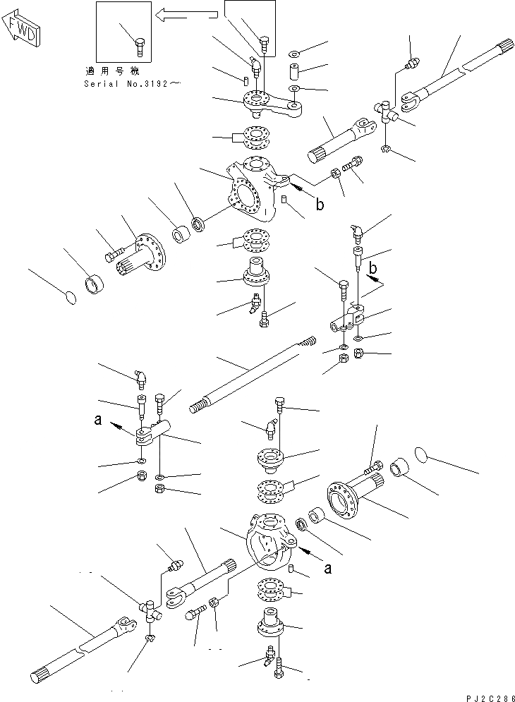 Схема запчастей Komatsu PW100-3 - ПЕРЕДН. КУЛАК И ПОПЕРЕЧНАЯ РУЛЕВ. ТЯГА(№-) ШАССИ¤ ТРАНСМИССИЯ¤ МОСТ¤ КОЛЕСА И ВОЗД. СИСТЕМА
