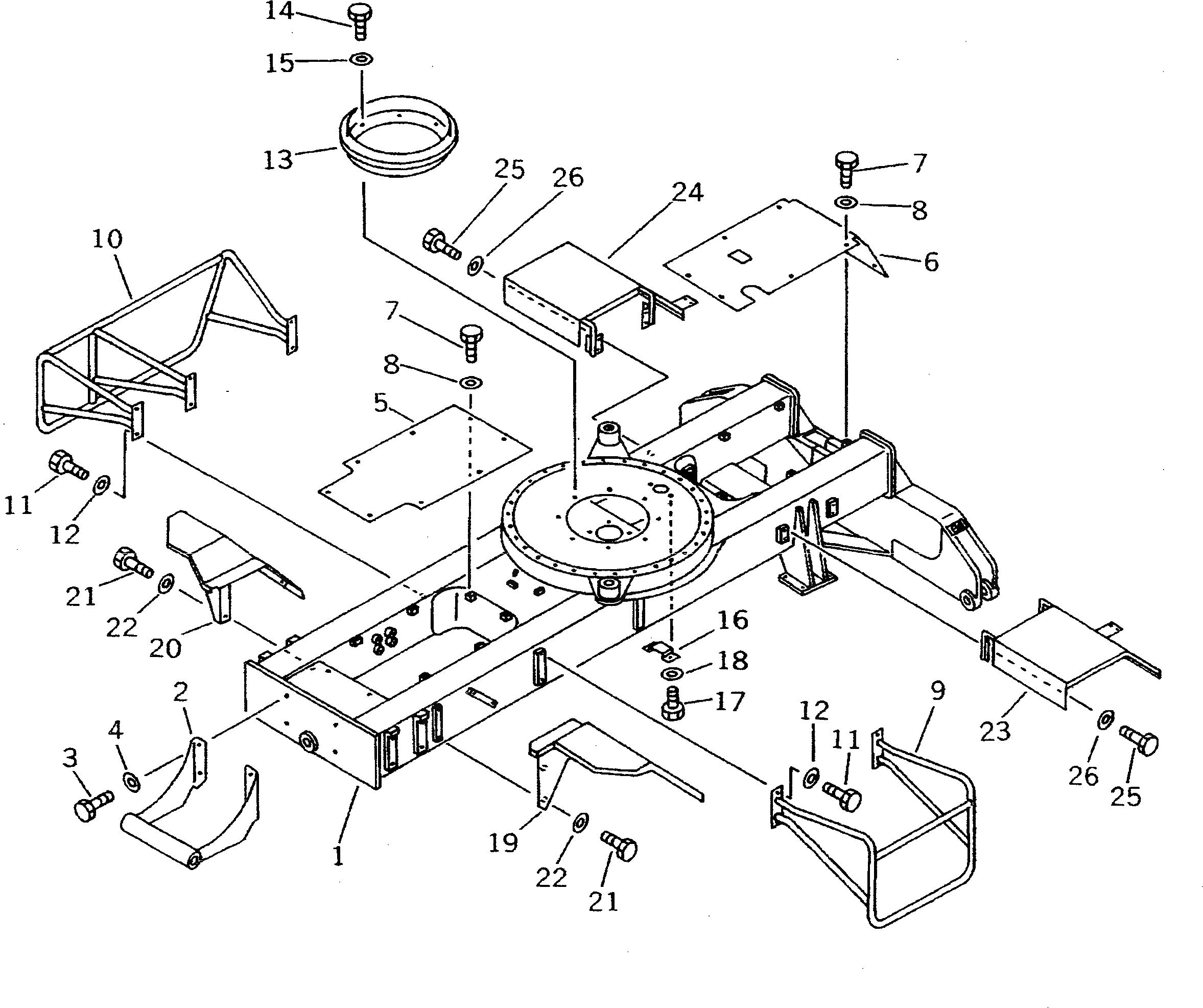 Схема запчастей Komatsu PW100N-3 - ШАССИ (/) (С ПЕРЕДН. И ЗАДН. КРЫЛО)(№-) ШАССИ¤ ТРАНСМИССИЯ¤ МОСТ¤ КОЛЕСА И ВОЗД. СИСТЕМА