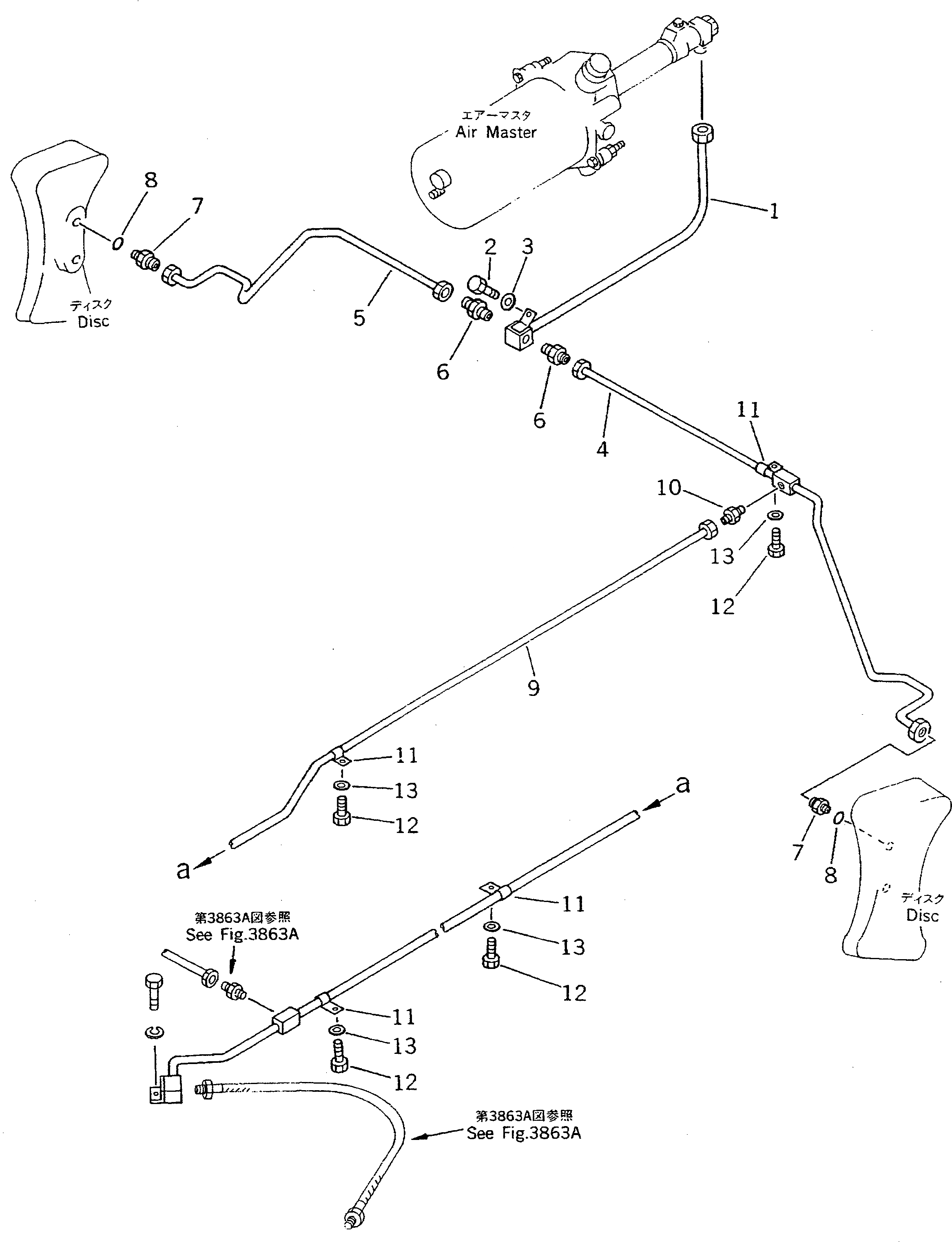 Схема запчастей Komatsu PW100N-3 - НИЖН. ВОЗДУХОВОД (ВОЗД. МАЧТАER - CALIPER)(№8-) ШАССИ¤ ТРАНСМИССИЯ¤ МОСТ¤ КОЛЕСА И ВОЗД. СИСТЕМА