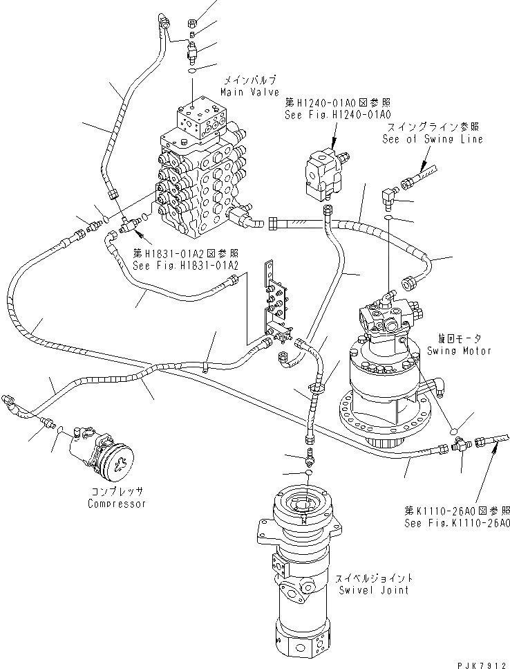 Схема запчастей Komatsu PW128UU-1 - ВОЗВРАТН. ЛИНИЯ (ВЕРХН.) (ДЛЯ ¤7 КЛАПАН)(№-) ГИДРАВЛИКА