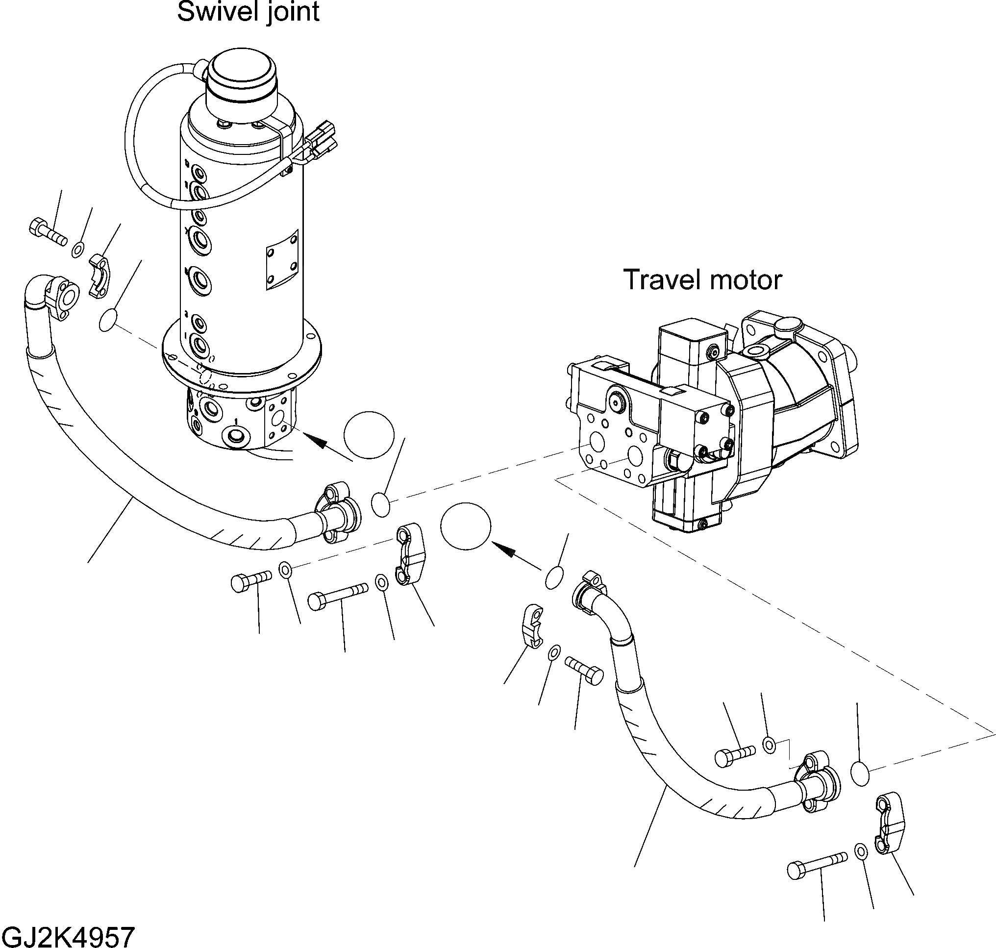 Схема запчастей Komatsu PW140-7 - ЛИНИЯ ХОДА (ПОВОРОТНОЕ СОЕДИНЕНИЕ - МОТОР ХОДА)  НИЖНЯЯ ГИДРОЛИНИЯ И ЛИНИЯ ХОДА