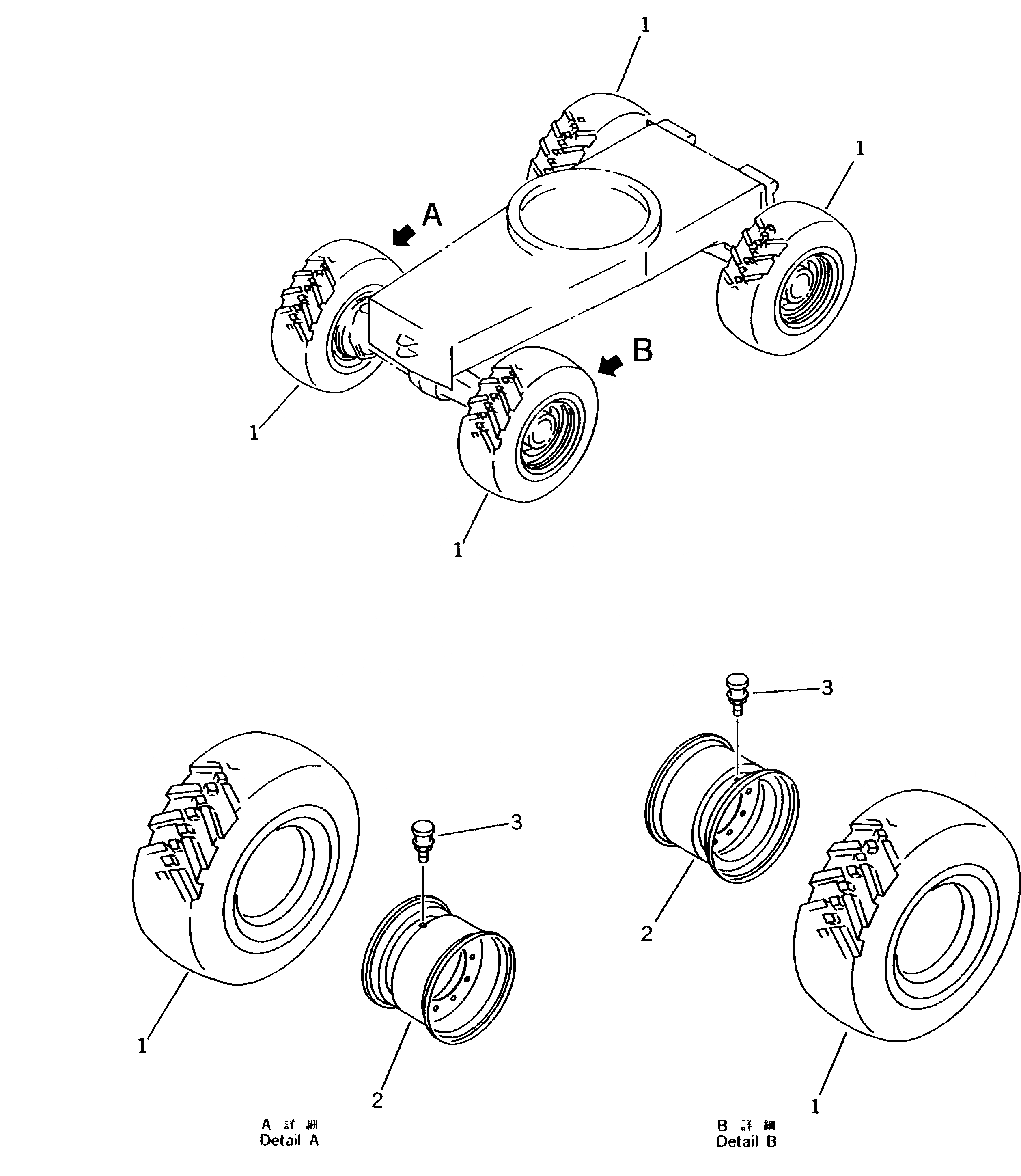 Схема запчастей Komatsu PW170-5K - КОЛЕСА (ОДИНОЧН. ТИП) ШАССИ¤ ТРАНСМИССИЯ¤ МОСТ¤ КОЛЕСА И ВОЗД. СИСТЕМА